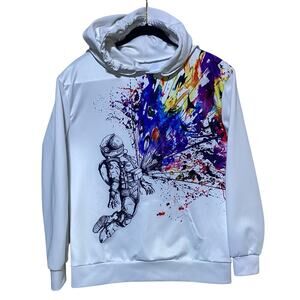Barbed Rose Digital Print Hoodie Sweatshirt  Men's Medium White With Spaceman